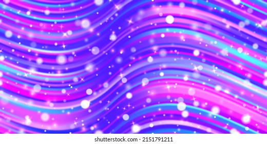 Colorful neon blue and purple wavy lines abstract seamless pattern. Iridescent holographic backdrop. Vibrant background in 80s and 90s style. Unicorn wallpaper. Disco backdrop.