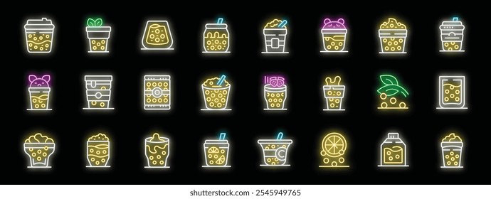 Colorful neon boba tea icons glowing against a dark background, representing various flavors and styles of this popular taiwanese beverage