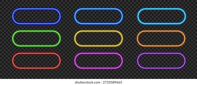 Botão neon colorido definido. Quadros vetoriais brilhantes com coleção de transparência.