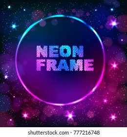 Colorful neon circle frame on a dark star background, vector abstract illustration.