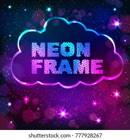 Colorful neon cloud frame on a dark star background, vector abstract illustration.