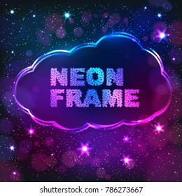 Colorful neon cloud frame on a dark star background, vector abstract illustration.