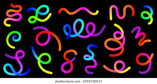 Colorful Neon Confetti Swirls and Wavy Lines on Black Background. Vibrant Abstract Curves, Gradient 3D Spiral Shapes, Bright Decorative Elements for Modern Design, Carnival and Celebration