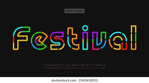 Colorful Neon contour alphabet, vivid linear letters, vibrant tube font for Y2K arcade logo, playful colored festival headline, multicolor nightlife branding. Vector typeset.