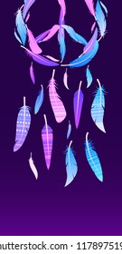 Colorful neon dream catcher with pacific sign made of feathers.  Pacific. Vector native illustration for printing on a T-shirt, postcard, cover and for your creativity