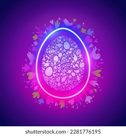 Colorful Neon Easter Egg with Spring Symbols. Vector illustration for holidays project.