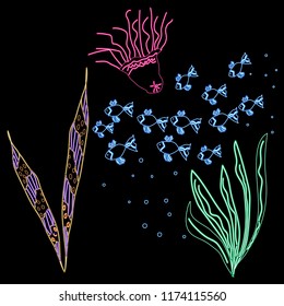 Colorful neon effect underwater universe on a black background illustration underwater sea medusa fluorescent vector.