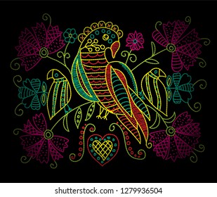 Colorful neon embroidery pattern with birds and flowers in folk style.