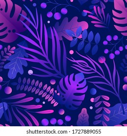 Hojas exóticas de neón coloridas degradan la vegetación tropical sin costura. Ilustración plana vectorial de ramas exuberantes de la jungla de moda. Diseño creativo aislado en fondo negro