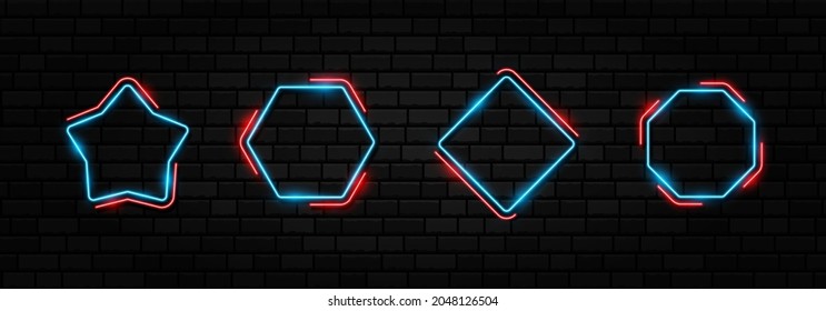 Colorful neon frame set. Different shape signs collection on dark concrete brick background.