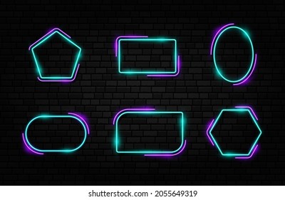 Farbiger Neonrahmen. Unterschiedliche Formzeichen-Kollektion auf dunkelbetontem Hintergrund.