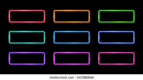 Conjunto de marcos de neón colorido. Colección de signos de forma cuadrada. Plantilla de elemento de diseño. Borde de luz de lomo o halógeno. Tubos eléctricos de neón de estilo 3d de los años 80. Ilustración de vector rectangular iluminada.