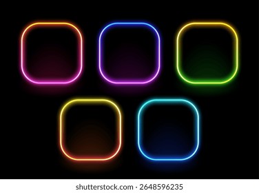 Colorful neon frame vector design. Rounded rectangle shape glow effect. Vibrant futuristic border template for display element.