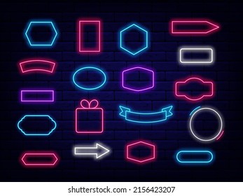 Colorful neon frames collection. Borders on brick wall. Different shapes framing. Space for text. Shiny sign. Glowing poster. Editable stroke. Vector stock illustration