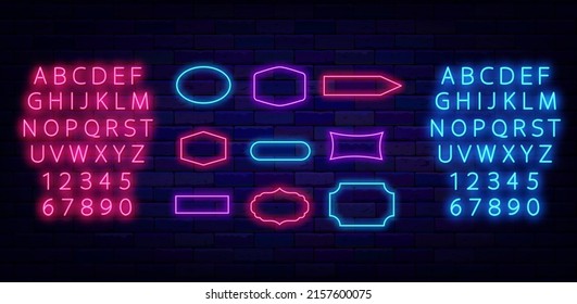 Colorful neon frames collection on brick wall. Arrow, rectangle, ellipse forms. Empty signboard. Shiny pink and blue alphabet. Glowing effect poster. Editable stroke. Vector stock illustration