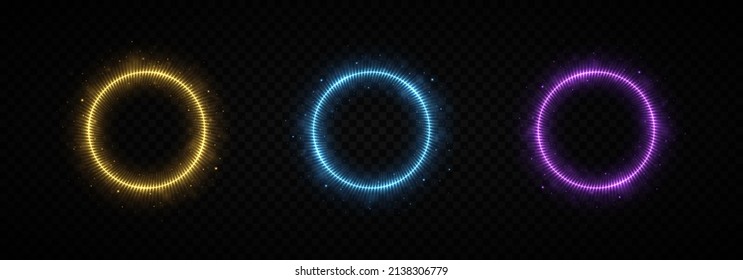 Colorful neon frames with lights effects. Abstraction neon glowing circles on dark background. Set of colored buttons.