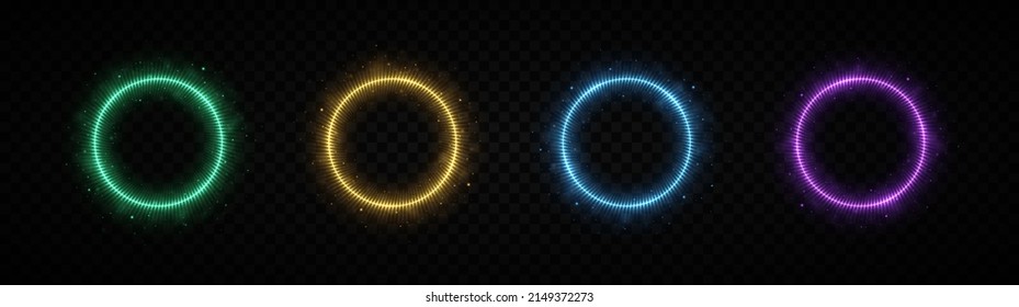 Colorful neon frames with lights effects. Abstraction neon glowing circles on dark background. Set of colored buttons.