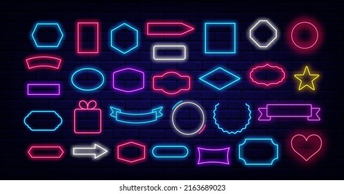 Colorful neon frames mega bundle. Borders collection on brick wall. Star, circle and honeycomb. Various shapes set. Space for text. Shiny sign. Glowing poster. Editable stroke. Vector stock illustration