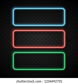 Colorful neon frames set on black transparent background. Blue, red and green. Vector illustration.
