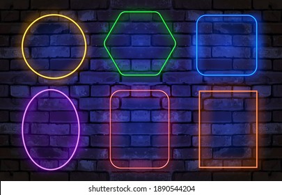 Colorful neon frames set. Red, green, blue, pink yellow purple rectangle backgrounds. Color square light logo. Illuminated geometric shapes vector illustration.