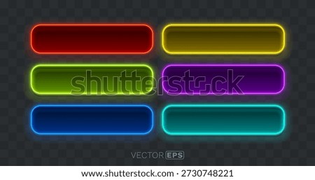Colorful neon glowing button frames set, ideal for modern UI, gaming interfaces, and vibrant design projects. Vector illustration