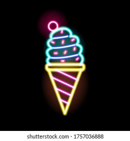 Colorful neon glowing ice cream sign vector flat illustration. Bright sweet delicious signboard isolated on black background. Illuminated cornet symbol decorated by design elements and berry on top