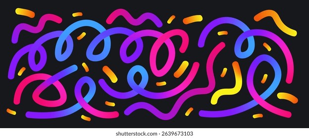 Colorful neon gradient loop and squiggle lines set. Wavy abstract long shapes collection. Decorative vector swirls background pattern. Carnival gradations strokes. Creative confetti figures.