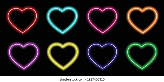 Colorful neon heart set vector illustration. Neon light heart sign. Glowing heart vector.