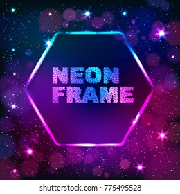 Colorful neon hexagon frame on a dark star background, vector abstract illustration.