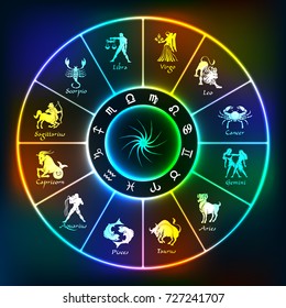 Colorful neon horoscope circle.Circle with signs of zodiac.Vector illustration