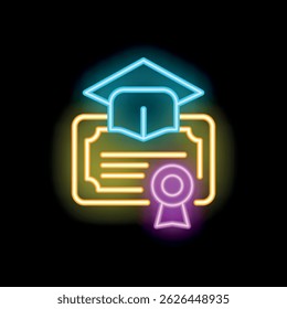 Colorful neon icon of a graduation cap on a diploma with a ribbon, symbolizing academic success and the culmination of studies