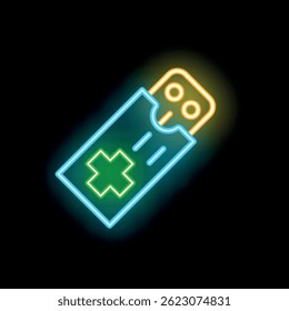 Colorful neon icon representing a medical prescription blister pack, glowing on a dark background