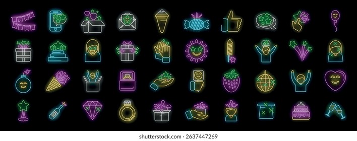 Colorful neon icons depict festive elements, creating a vibrant atmosphere of joy and celebration