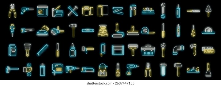 Colorful neon icons depicting diverse construction tools on a black background