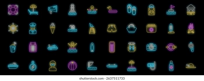 Colorful neon icons illuminating summer vacation activities, from swimming and sunbathing to water sports and camping