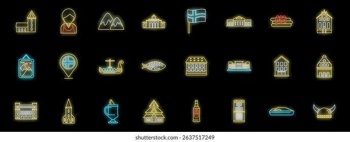 Colorful neon icons illuminating various aspects of norway, from its flag and landscapes to its architecture and cultural symbols