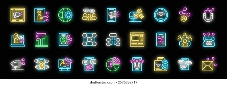 Colorful neon icons illustrating various aspects of digital marketing, from content creation and social media engagement to email campaigns and data analysis