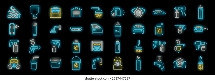 Colorful neon icons representing automotive tools and equipment