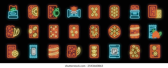 Colorful neon icons representing different types of energy bars, granola bars, muesli bars, and protein bars, highlighting healthy snack options