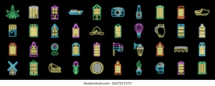 Colorful neon icons representing various aspects of dutch culture, including traditional houses, windmills, cheese, tulips, and clogs, creating a vibrant and iconic image