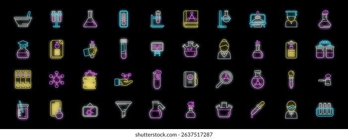 Colorful neon icons representing various chemistry lab equipment, glassware, molecular structures, and scientists, creating a vibrant and dynamic visual