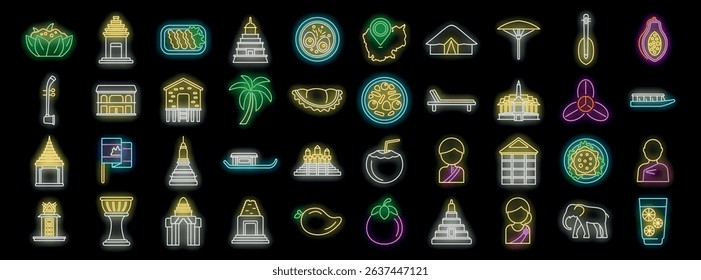 Colorful neon icons showcasing various aspects of cambodian culture, from traditional food and architecture to religious symbols and tropical fruits