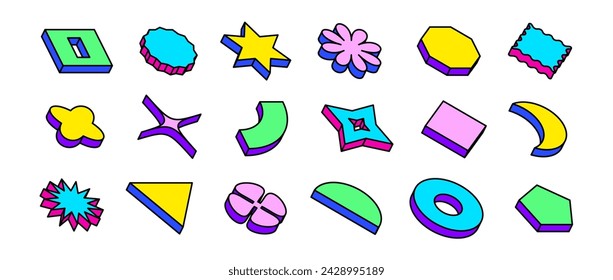Colorful neon isometric shape set. Bright outline abstract geometric object collection. Retro brutalist pack in Swiss or Memphis style. Vintage arcade game elements for poster, banner. Vector bundle