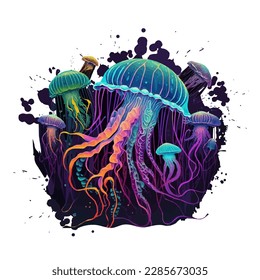 Colorful neon jellyfish on black paint splash background