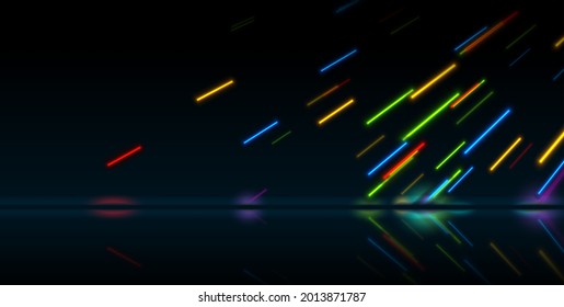 Colorful neon laser rain with reflection. Abstract rays technology retro background. Futuristic glowing vector minimal design