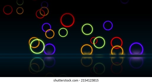 Colorful neon laser rings with reflection. Abstract circles technology retro background. Futuristic glowing vector minimal design