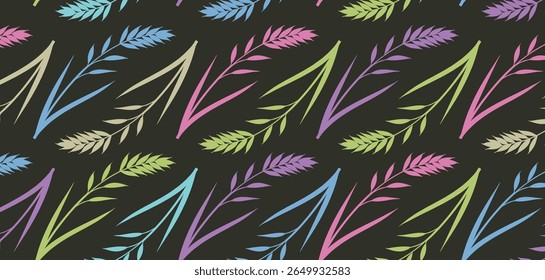 Farbiges Neonblattmuster auf schwarzem Hintergrund mit handgezeichnetem botanischem Stil. Modernes, nahtloses Blattdesign, perfekt für Stoff, Verpackung oder digitale Nutzung. Lebendige, trendige und von der Natur inspirierte Vektorgrafik