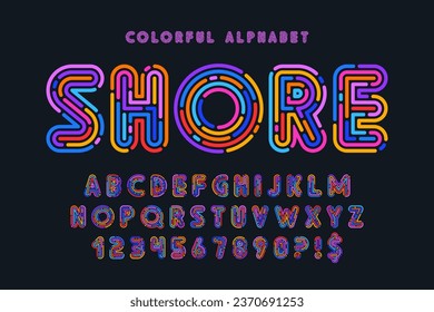 Colorful neon light alphabet, multicolor stroke style. Swatch color control.