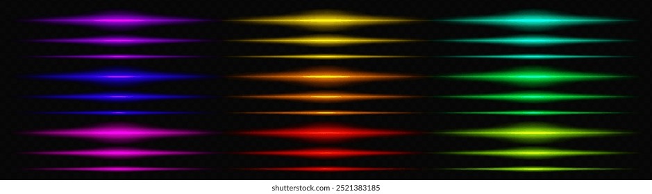 Colorful neon light beams on dark background. Vibrant neon-colored light beams in various shades, aligned horizontally on a dark transparent background, creating a futuristic, dynamic effect.