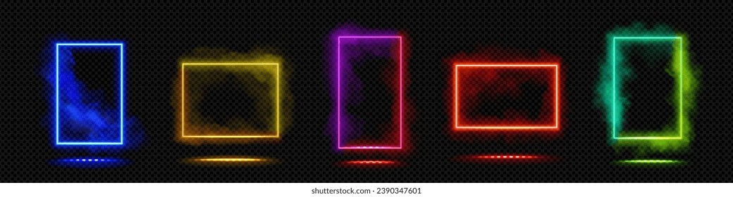 Colorful neon light rectangles set isolated on transparent background. Vector realistic illustration of frames in clouds of smoke, magic gate glowing in dark space, teleport door, night show